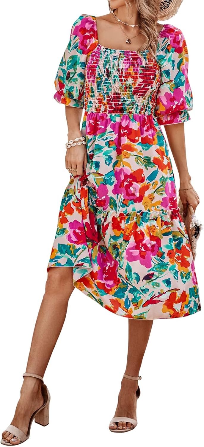PRETTYGARDEN Women’s Summer Casual Dresses 2026 Spring Puff Sleeve Square Neck A Line Flowy Boho Floral Smocked Midi Dress