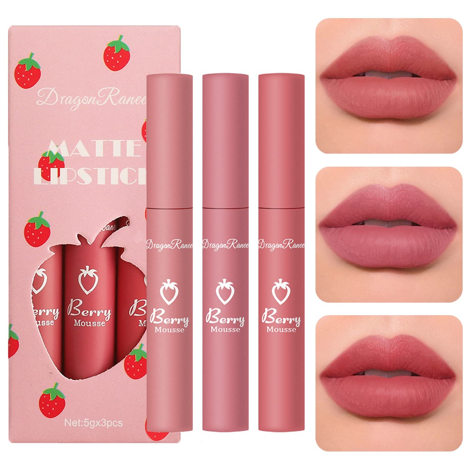 Sulily 3 Pcs Matte Lipstick for Women, Rose Red Nude Liquid Lipstick Makeup | Velvet Air Moisture Smooth Crayon Lip Stain, Non-Stick Cup Waterproof Long LastingLip Gloss, Up to 24H Wear