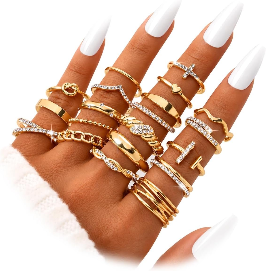 KISS WIFE Gold Stackable Rings for Women, Knuckle, Midi, Statement Ring Set | Mixed sizes, dainty and chunky styles, rhinestone accents, thumb rings, and layered looks for daily wear and parties