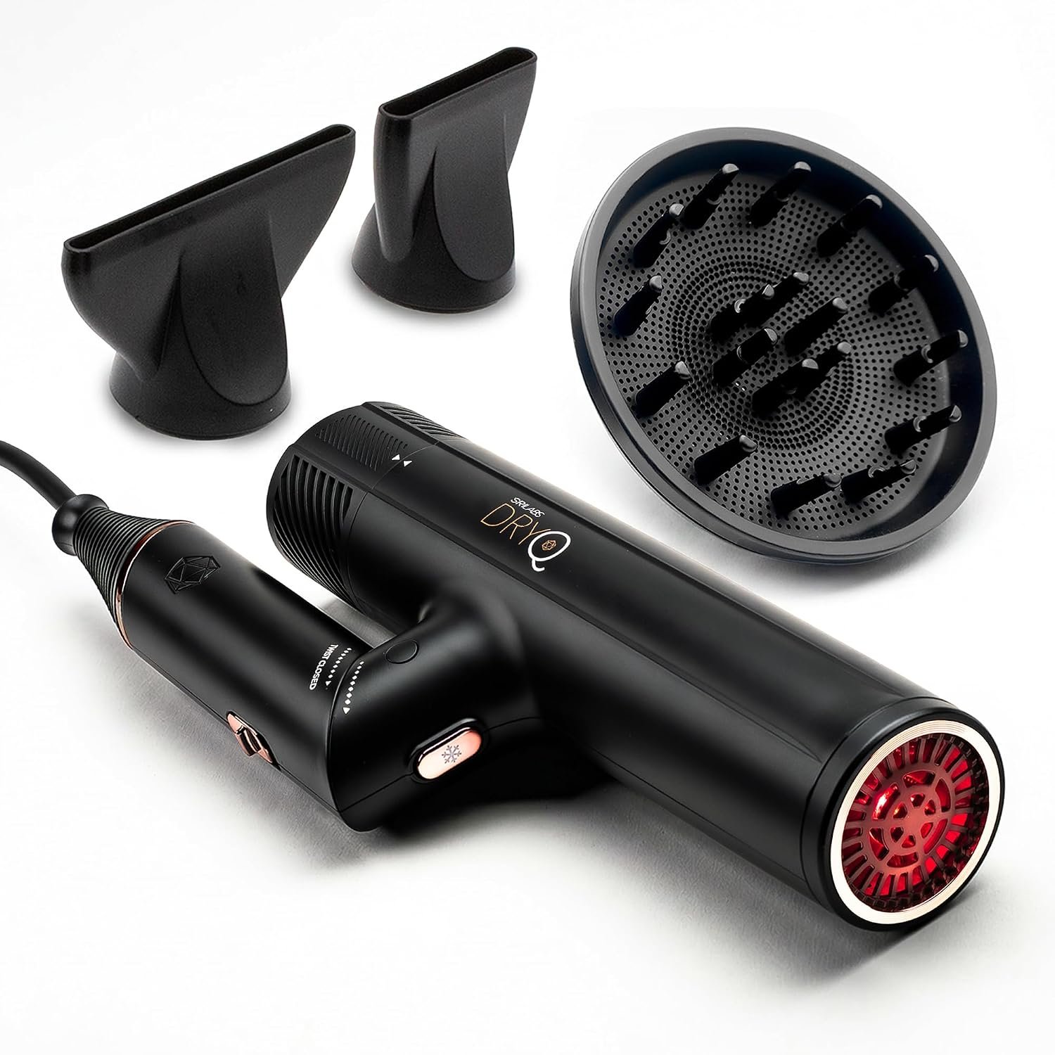 SRILabs DryQ “Smart” Hair Dryer – Super Lightweight, Foldable – Powerful, Quiet Motor – Infrared and Ionic Technology – 3 Magnetic Attachments – Heat Control with Locking Switch