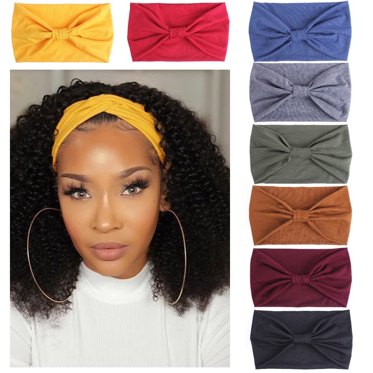 Kachanaa 8 Pack Wide Non-Slip Boho Women’s Headband – Elastic Large African Turban Headwrap Ideal for Yoga,Workouts,Running – Non-Slip Design for Women