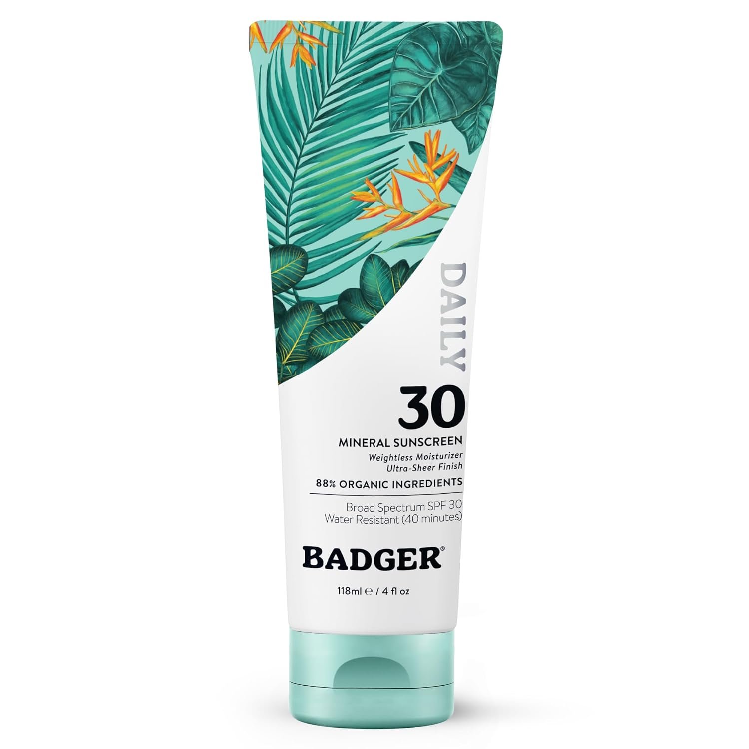 Badger Mineral Daily Sunscreen with Zinc Oxide, SPF 30, Lightweight & Easy to Apply w/No White Cast, Moisturizing Organic Sunscreen, Reef Safe, Vegan, Unscented, 4 fl oz