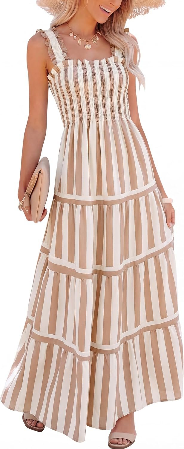 Caracilia Womens Summer Maxi Dresses Floral Smocked Sleeveless Ruffle Boho Casual Flowy Aline Beach Vacation Long Sundress