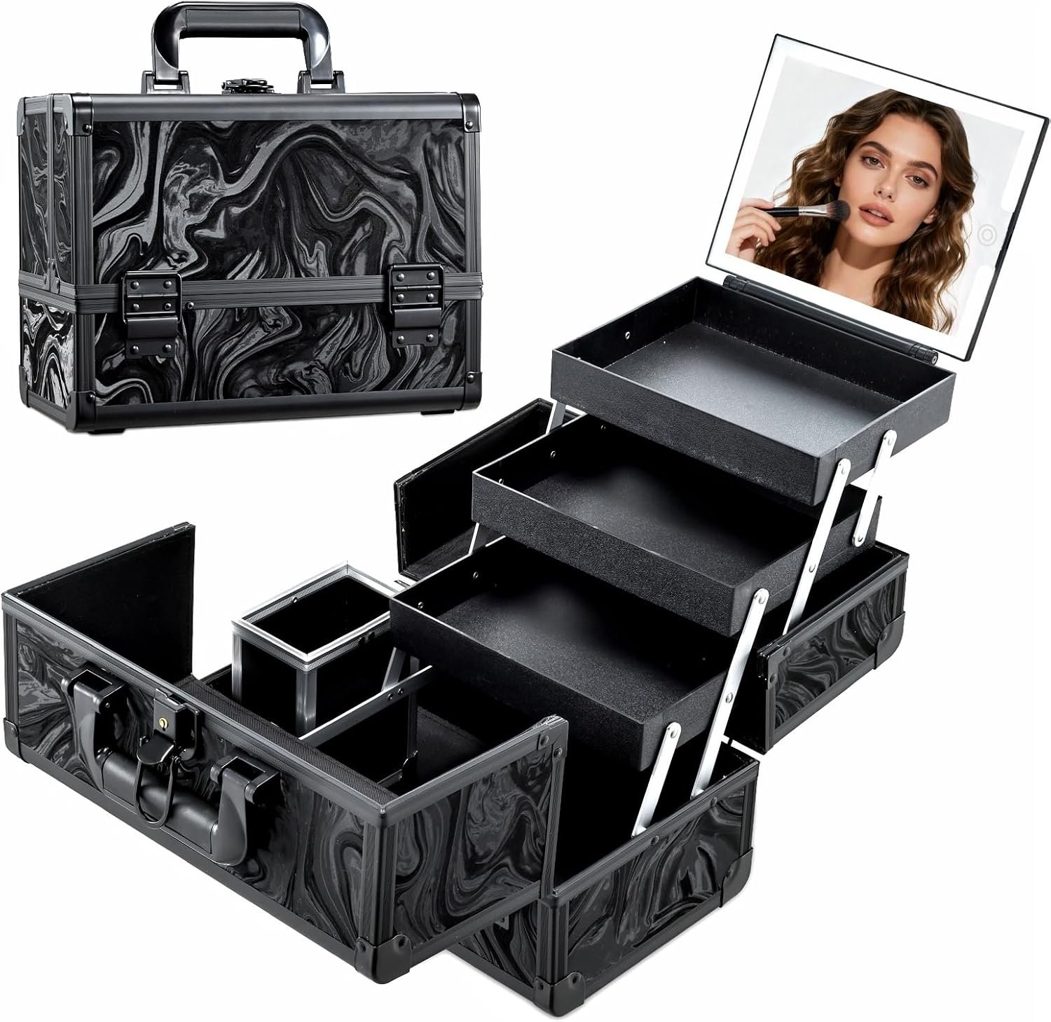 Faquenc Travel Makeup Case with LED Lighted Mirror – 11.6″ Portable Makeup Organizer Box, Cosmetic Train Case with Detachable Brush Holder – Fluid Black