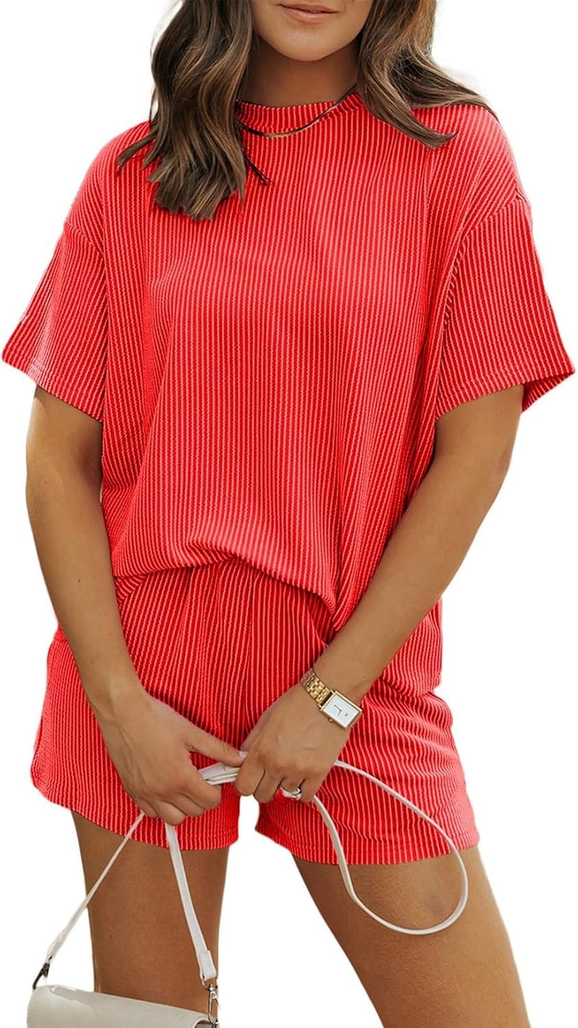 BDITANLE Women’s 2 Piece Lounge Set Short Sleeve Wide Leg Shorts Pockets | Vibrant ribbed knit, breathable summer two-piece set, relaxed stretch waistband for daily lounge and casual outings