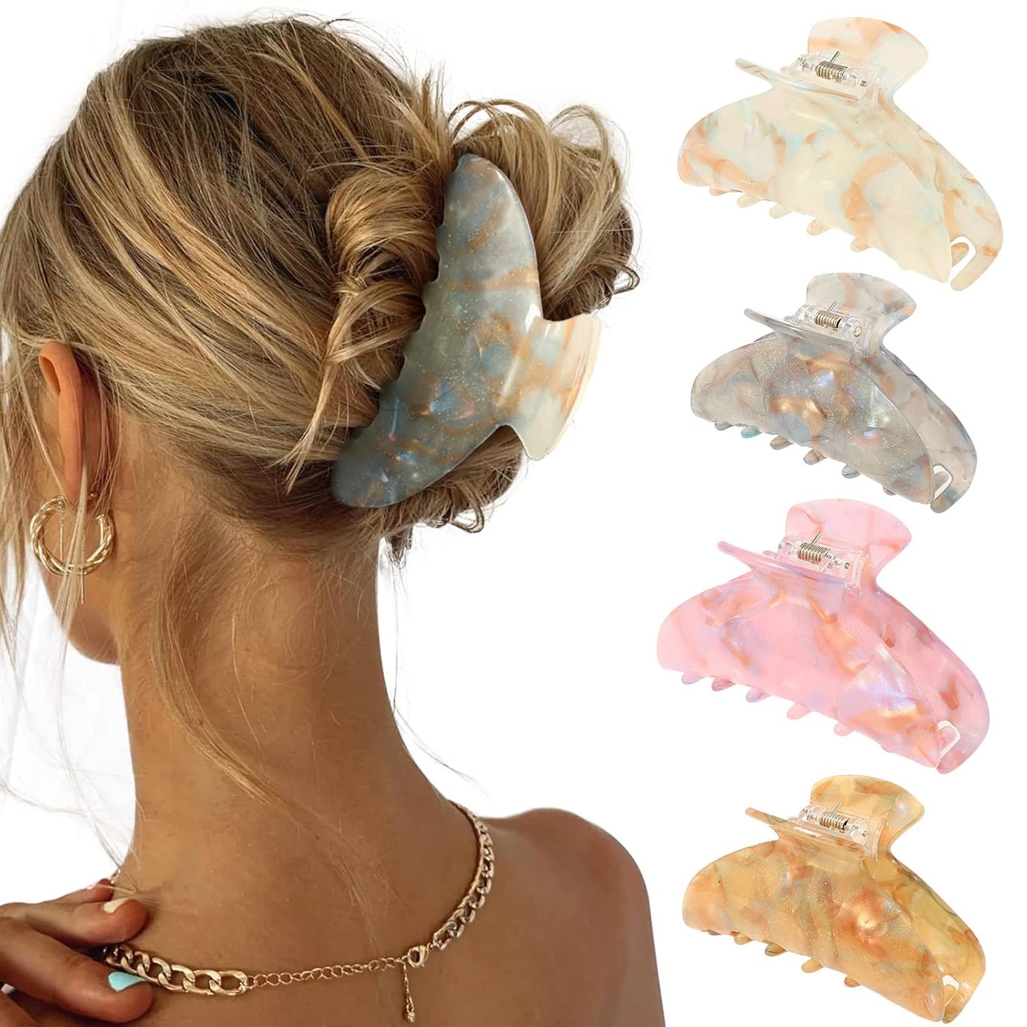 4Pcs Large Acrylic Hair Claw Clips – Strong Hold Thick Hair Banana Barrettes for Women Girls (Hair Clips, Banana(gray/champagne/green/pink)) | Perfect for Medium Hair Updos or Thick Hair Half-ups.Non-slip Acrylic Hair Clips for Daily Styling