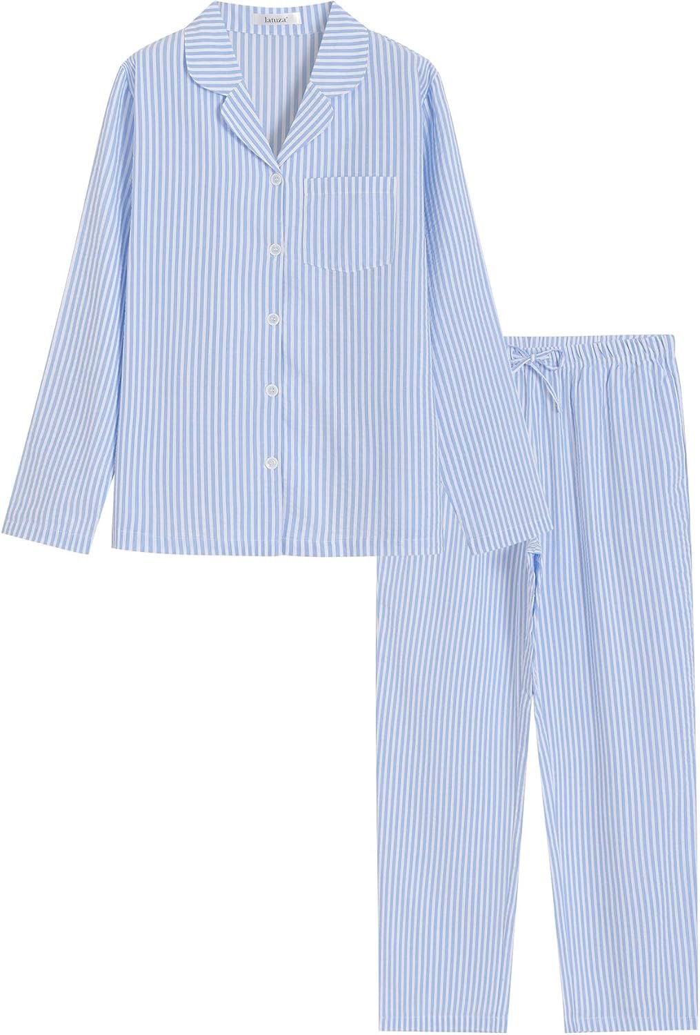 Latuza Women’s Cotton Long Sleeve Pajama Set Seersucker Button Down Pj Set