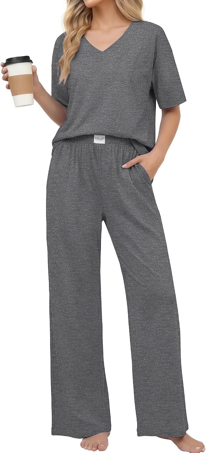 Ekouaer Womens Pajama Sets Cotton Short Sleeve Sleepwear Long Pants Lounge Set Soft Pjs with Pockets S-XXL