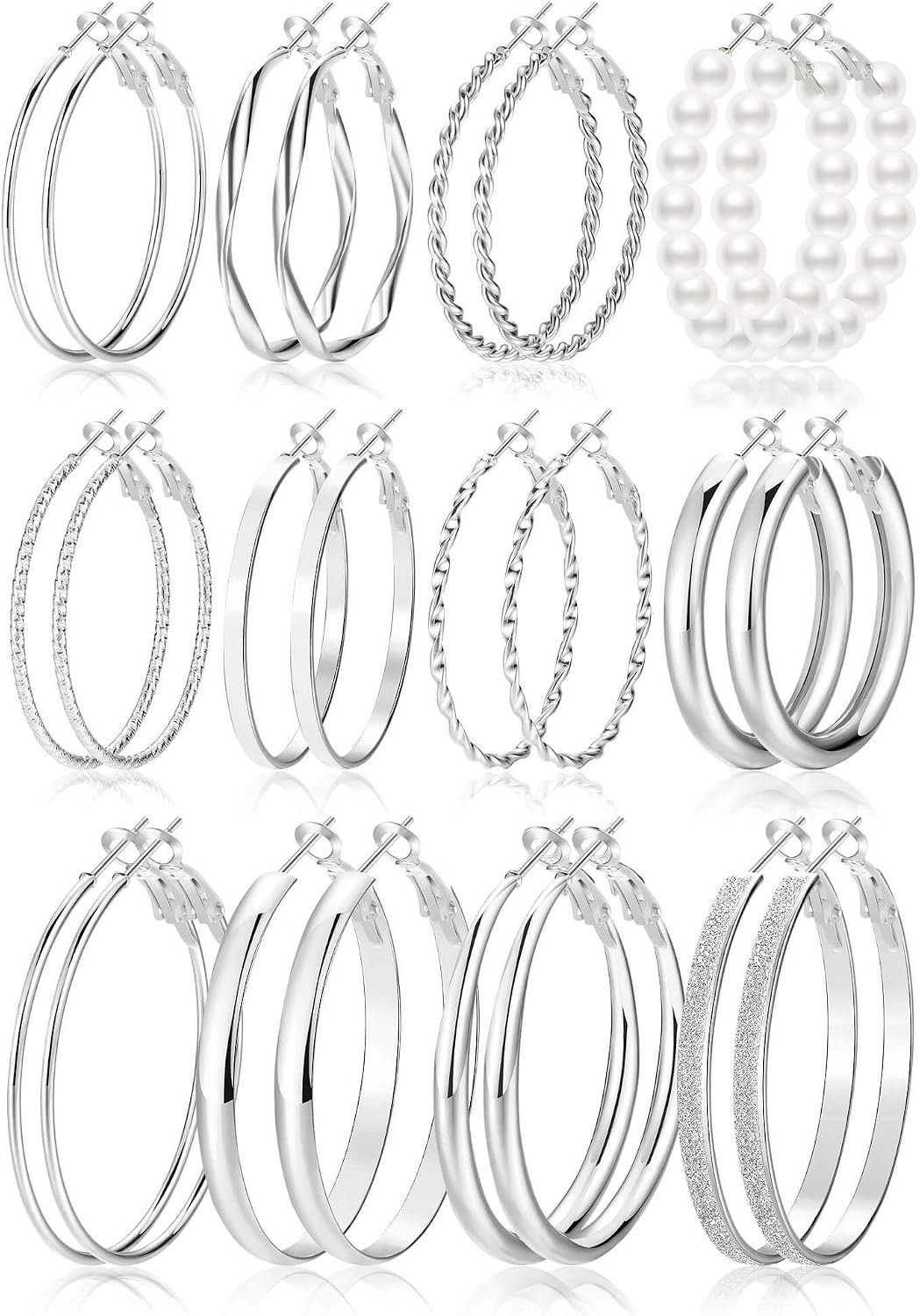 12 Pairs Gold Hoop Earrings Set for Women，Fashion Jewelry Gifts 40mm/50mm | Large/Big, Trendy, Pearl, Multiple Styles, lightweight, 14K Gold-plated, Hypoallergenic, Great for Party/Gathering/Work/Daily