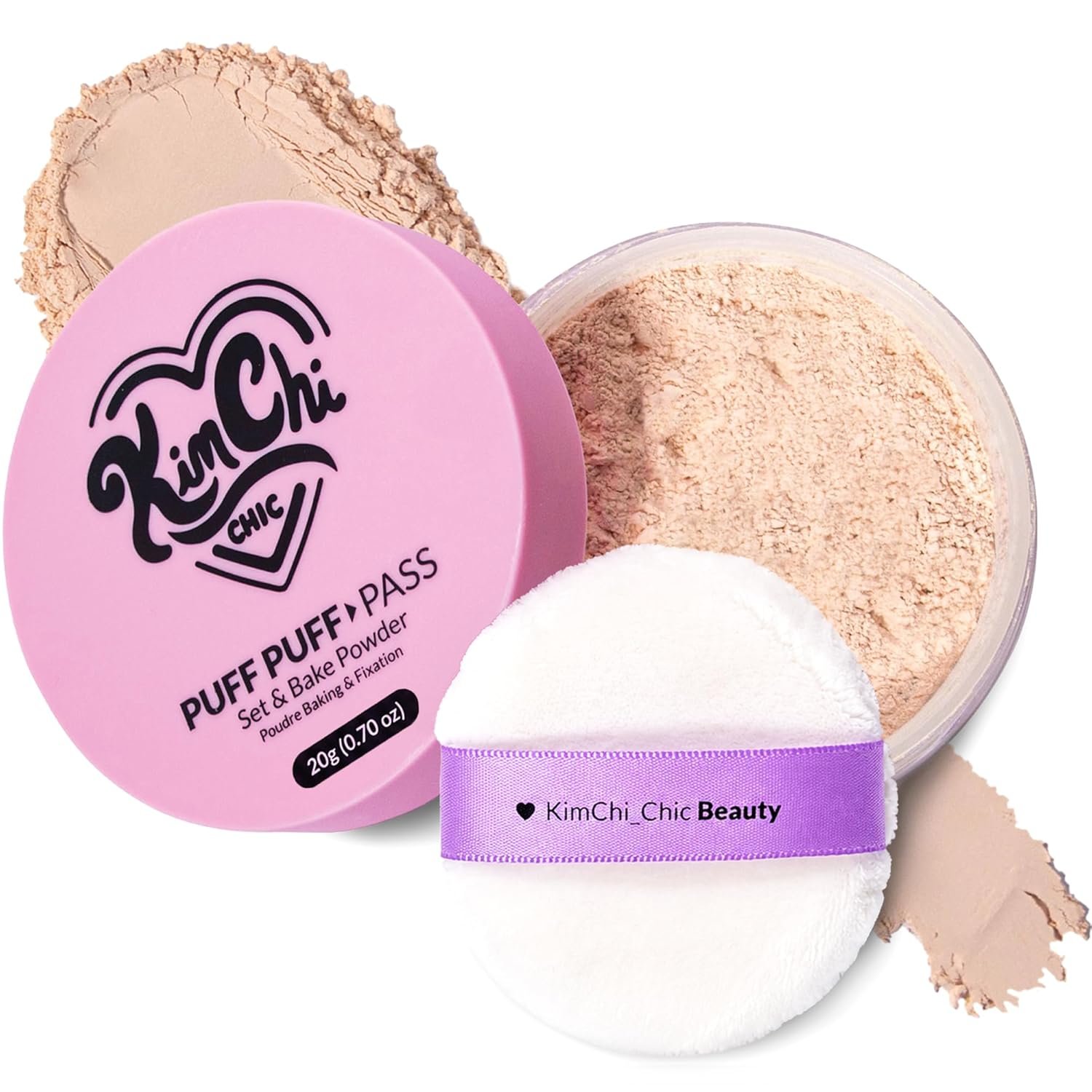 KimChiChic Beauty Puff Puff Pass Loose Setting Powder Makeup, Set & Bake Face Powder with Rice & Vitamin E, Matte Airbrush Finish, Oil Control with Velour Pad, Cruelty-Free, Translucent 0.70 oz (20 g)