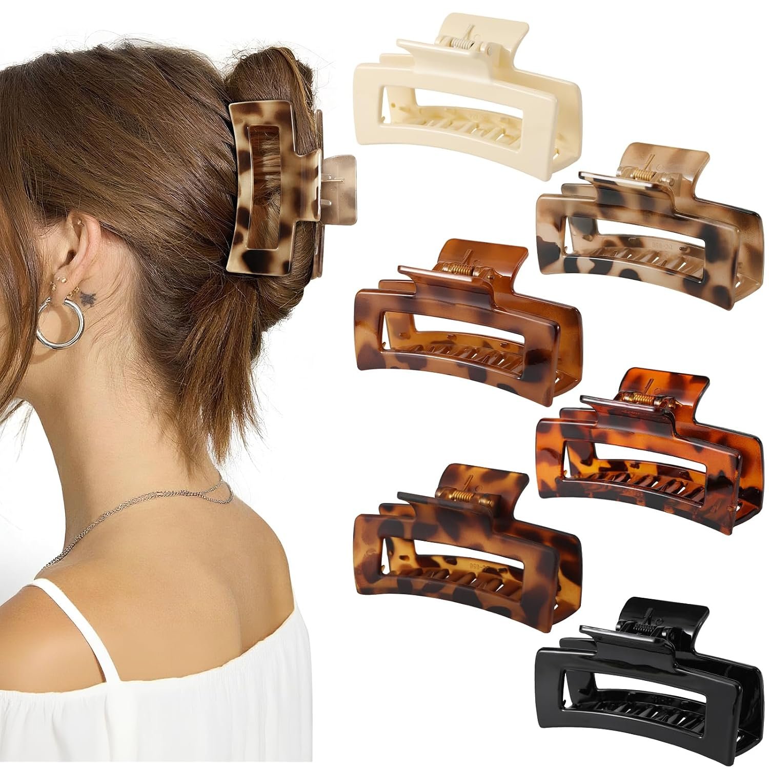 Auseibeely 6 Pcs Rectangle Tortoise Shell Claw Clip – 3.35 Inch Medium Hair Clips for Women and Girls, Non-slip Square Claw Clips for Thick/Thin Hair, Banana Jaw Clips Accessories for Gift