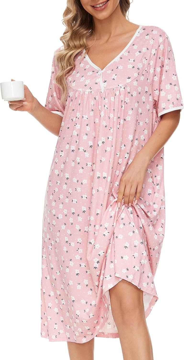 AVIIER Nightgows for Women Soft Cotton Night Shirts Short Sleeve Sleepwear with Pockets