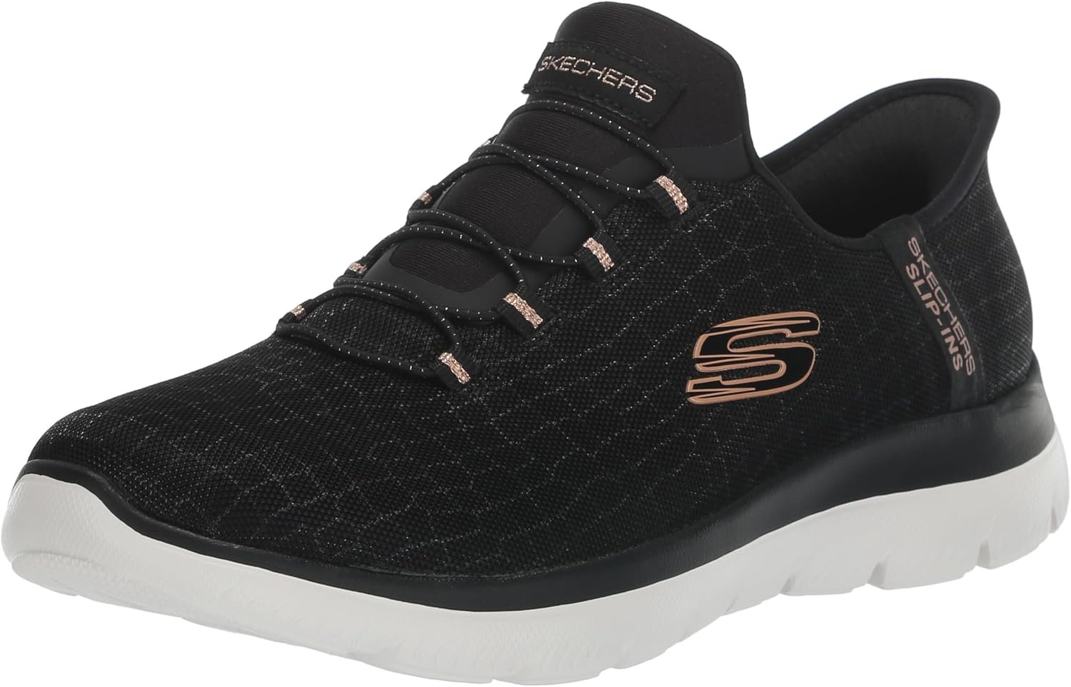 Skechers Women’s Summits Classy Night Hands Free Slip-in Shoes | Slip-ins, Snake patterned, sparkle mesh, Fix stretch laces, Air-Cooled Memory Foam Insole, Heel Pillow holds your foot secure