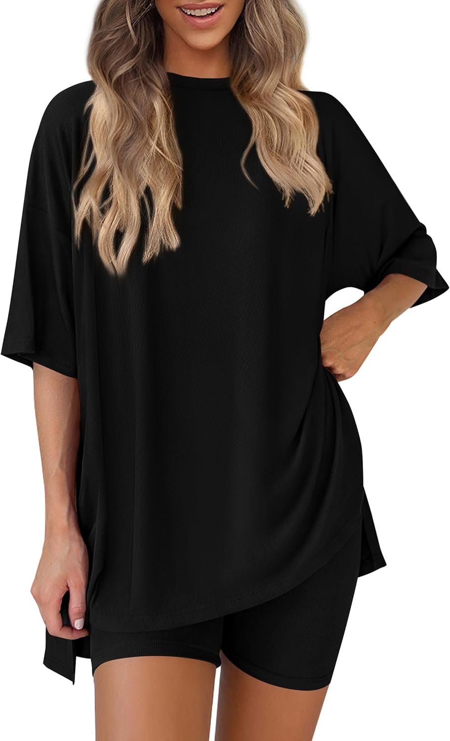 PRETTYGARDEN Women 2 Piece Lounge Set Airport Travel Outfit | Matching Summer Athleisure Sets, Short Sleeve Oversized Tshirts, Biker Shorts with Pockets, Casual Spring Cruise Clothes