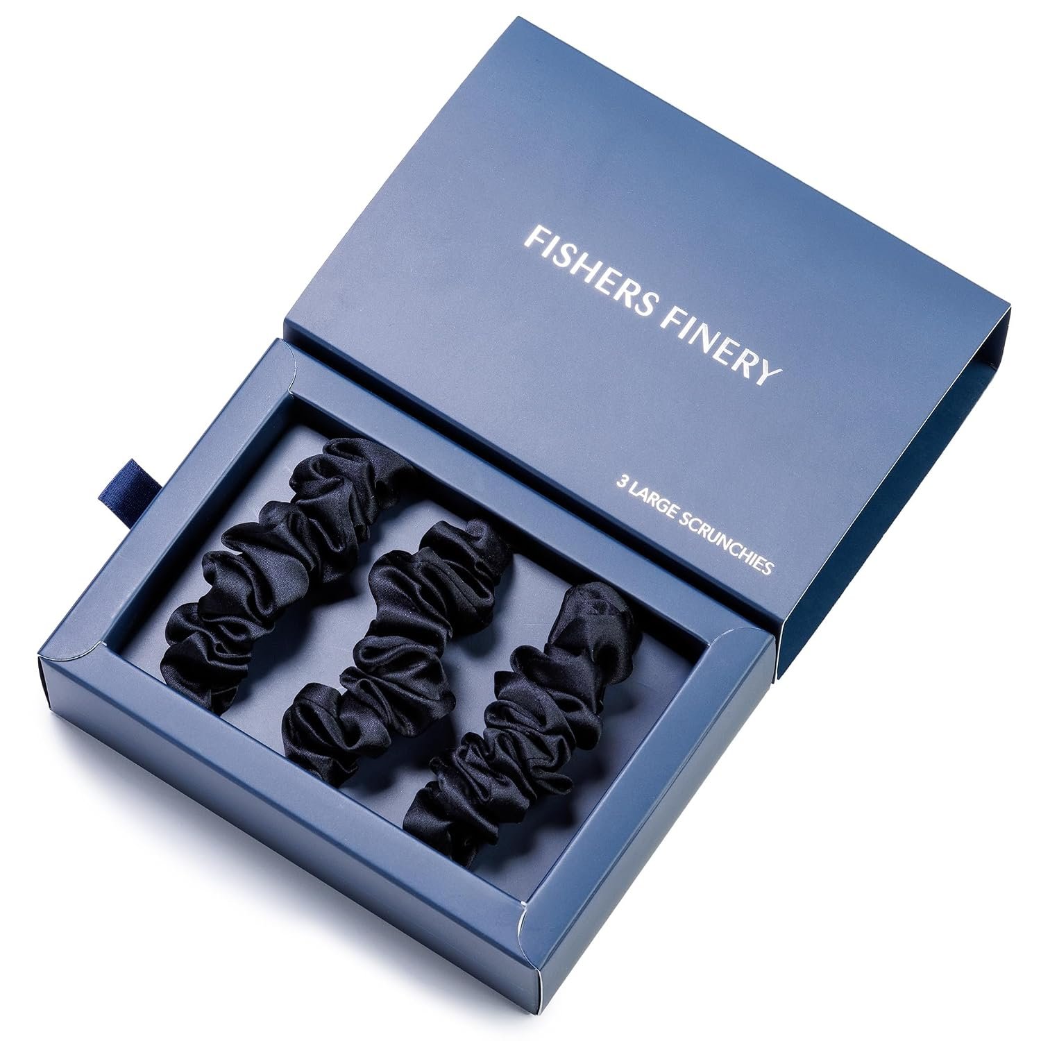 Fishers Finery 25 Momme 100% Pure Mulberry Silk Large Scrunchies, Hair Ties (Black, 3 Pk)