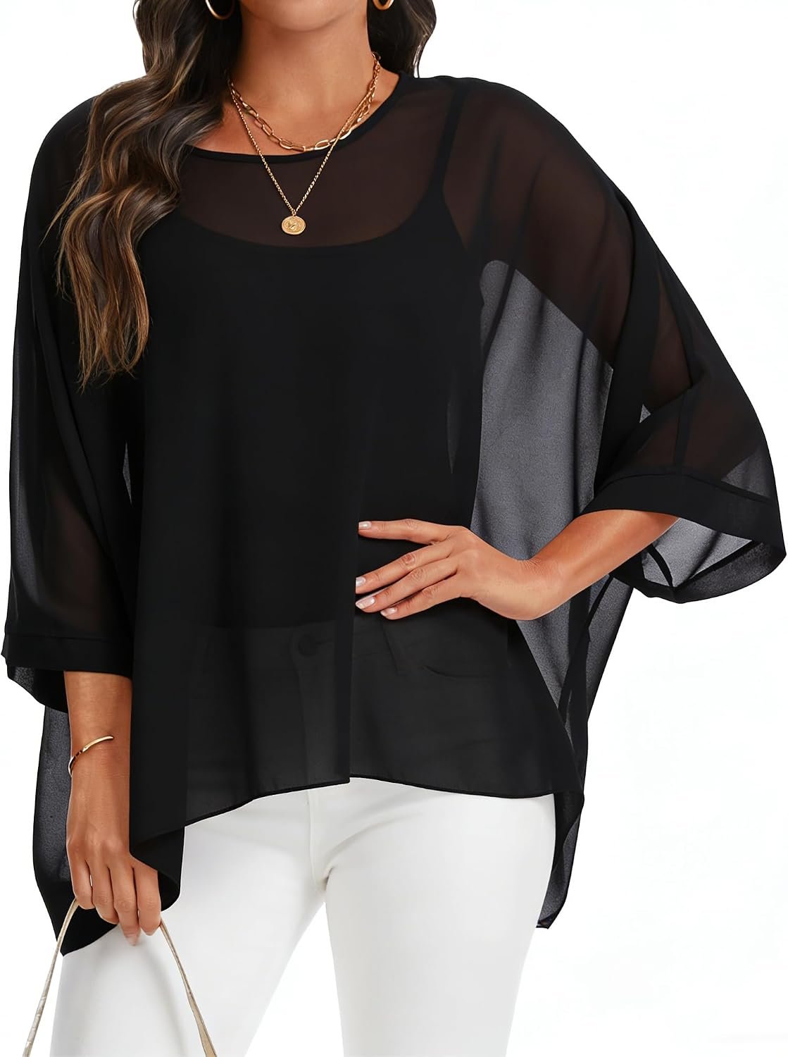 Women Chiffon Poncho Tops Batwing Sleeve Beach Cover Ups Summer Blouses | CHICGAL sheer poncho top for women, batwing sleeve tops, casual loose outfit, plus size summer blouses 2026, resort wear