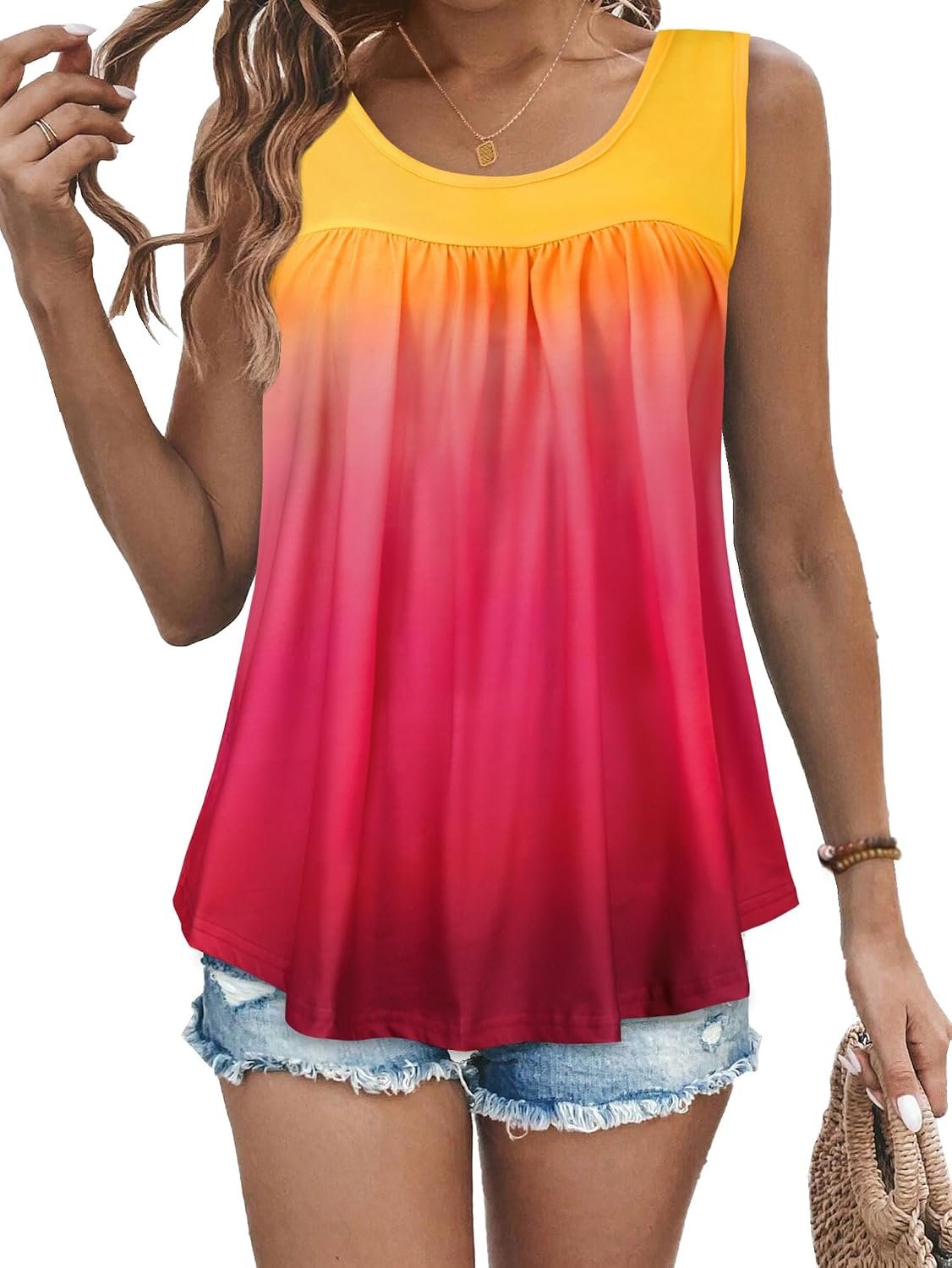 Womens Tank Tops Summer Sleeveless Blouse Crewneck Loose Fit Tunic Shirt | Trendy front pleat cotton tops, Flowy floral print outfits, Fashion clothes for ladies