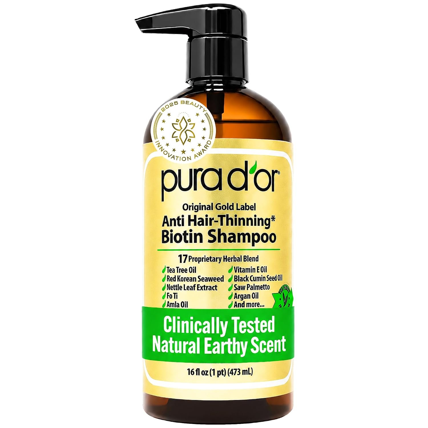 PURA D’OR Original Gold Label Anti-Thinning Shampoo – CLINICALLY TESTED – Biotin & Argan Oil – Sulfate-Free Strengthening & Volumizing for Fuller-Looking Hair, Men & Women, Natural Earthy Scent 16 oz