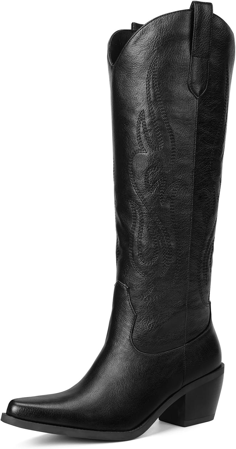 Pasuot Western Cowboy Boots for Women – Knee High Wide Calf Cowgirl Boots, Slip On Pointed Toe Chunky Heel Fashion Retro Classic Pull On Tall Boot for ladies Party concert