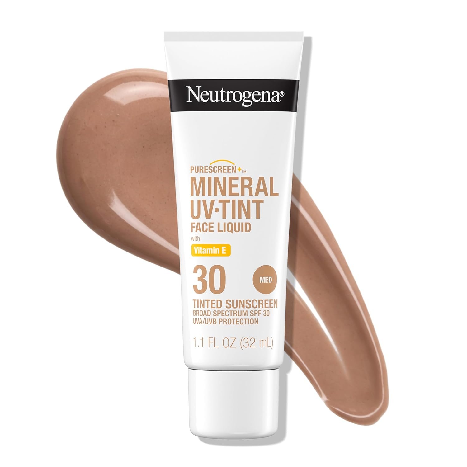 Neutrogena Purescreen+ Tinted Sunscreen for Face SPF 30, Broad Spectrum Mineral Sunscreen with Zinc Oxide & Vitamin E, Water Resistant, Fragrance Free, Medium, 1.1 fl oz