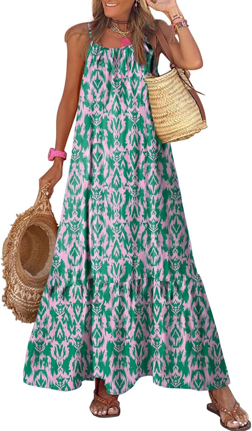 Dokotoo Women Summer Dresses Scoop Neck Ruffle Flowy Boho Maxi Dress | Spaghetti Strap Sundresses,Sleeveless,Beach Vacation Clothes,Ruffle A Line,Casual Boho Printed,Hawaiian Dresses,Wedding Guest
