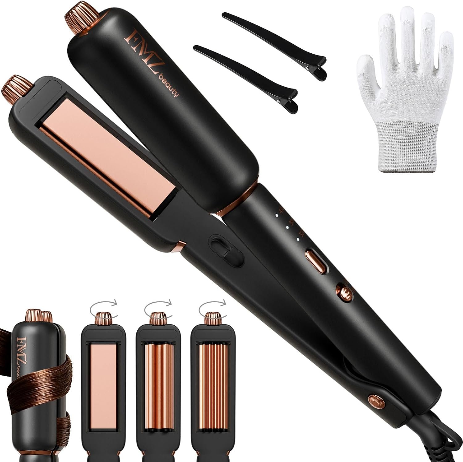 FMZ Flat Iron Hair Straightener, Titanium Ceramic Hair Straighteners for Women, Rotating 4-in-1 Dual Voltage Travel Flat Iron for Straightening, Curling, Volumizing, Root Lift, 10s Fast Heat, Black