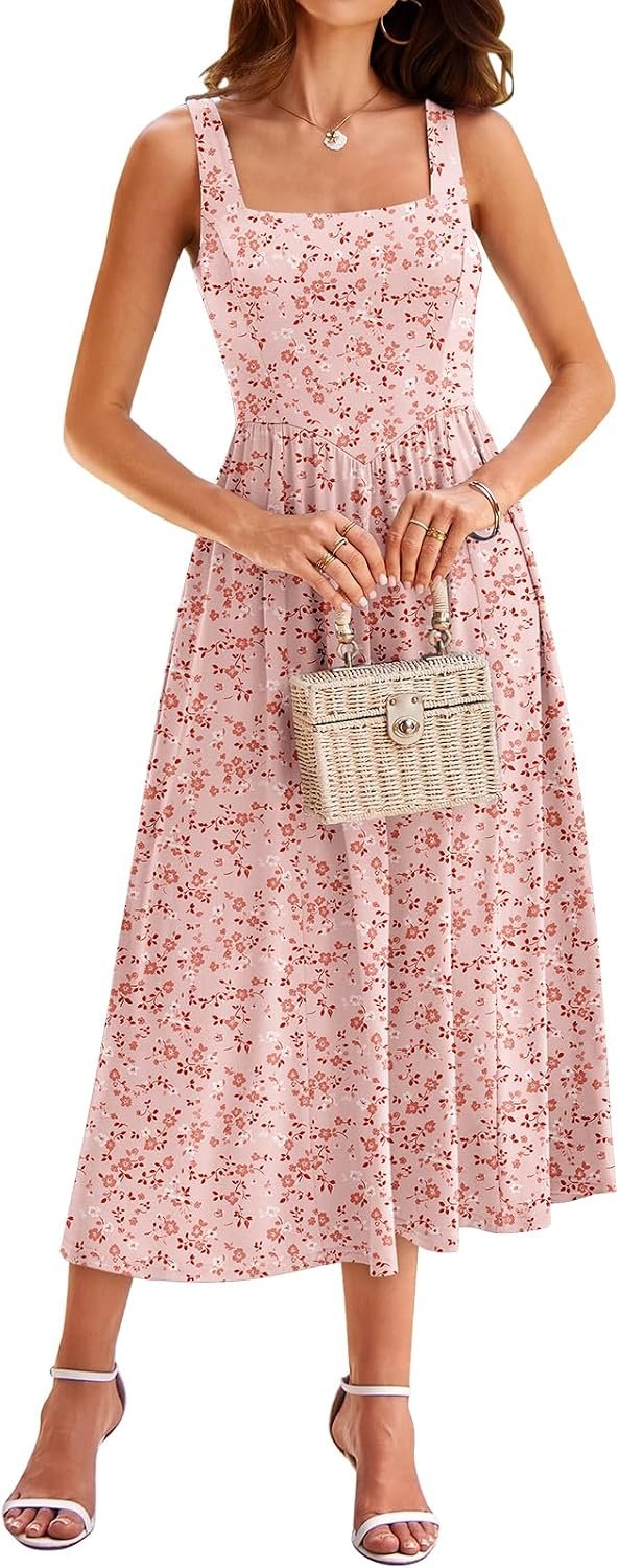 YATHON Women’s Floral Midi Dress Casual Sleeveless Square Neck Tank Flowy Summer Beach Vacation Sun Dresses with Pockets