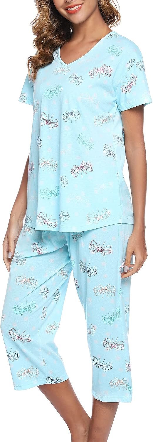 ENJOYNIGHT Womens Pajama Set Cotton Short Sleeve Top With Capri Pants Pj | 2-Piece Printed Sleepwear, Cotton Blend Fabric, Soft & Lightweight, Ideal For Restful Sleep