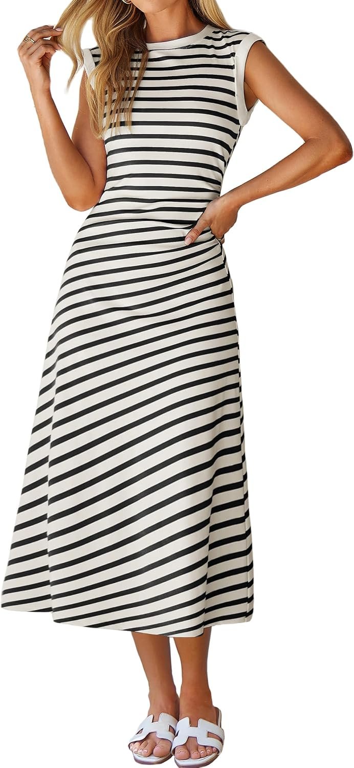 Glamaker Women Summer Tshirt Midi Dress Soft A Line Cap Sleeve Casual Sun Dress for Work Beach Vacation