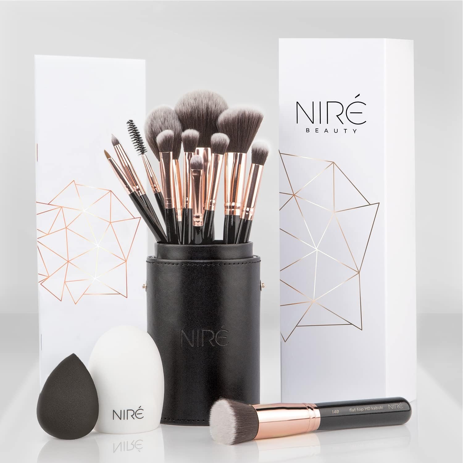 Niré Beauty Professional Makeup Brush Set, 15 Piece Black & Rose Gold | Foundation, powder, blush, blending, eyeshadow, vegan bristles, holder case, sponge, cleaner, guide