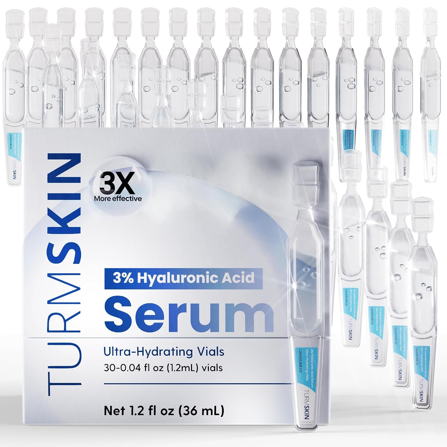 TURMSKIN® Hyaluronic Acid Serum Ampoules [ULTRA HYDRATING VIALS] – 3% Hyaluron Booster for Glass Skin & Anti Aging – 24 Hours Hydration – Soft PE Triple Hyaluronic Complex for Faceskin Repair & Renew | Triple-complex 24-hour hydration in travel-friendly soft PE freshness vials
