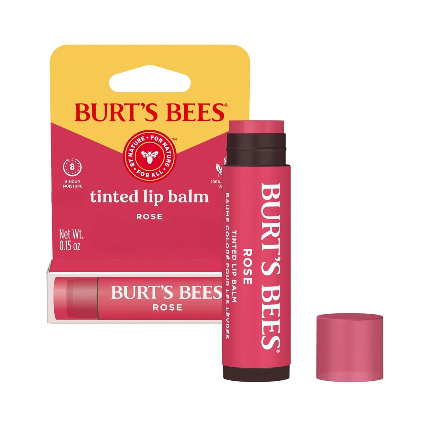 Burt’s Bees Lip Tint Balm, Long Lasting 2 in 1 Duo Tinted Balm Formula, Color Infused with Hydrating Shea Butter for a Natural Looking Buildable Finish, Rose, 1 Tube