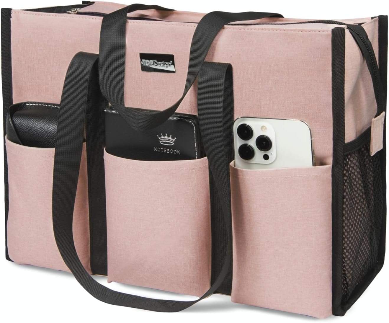 TOPDesign Utility Water Resistant Tote Bag with 13 Pockets, Top Zipper Closure & Thick Bottom Support, for Working Women