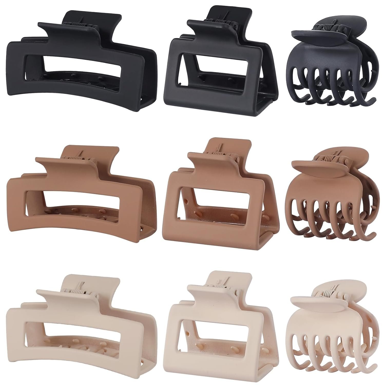 CHANDAT Medium Claw Hair Clips Set for Women – 3 Styles, 9 pcs Rectangle Clips for Thick Hair, Square Clips for Thin Hair – Brown