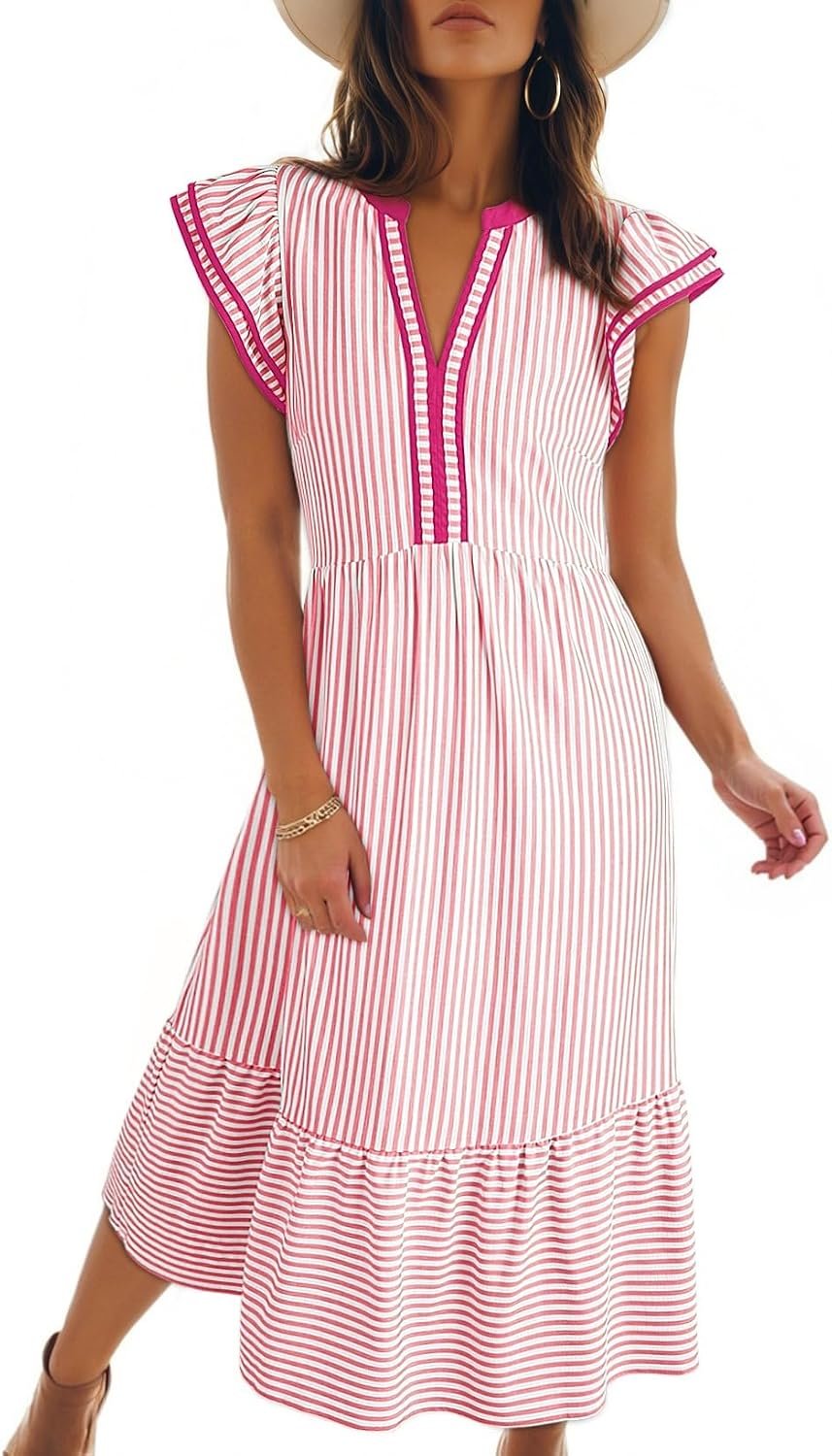 Dokotoo Womens Dresses 2026 V-Neck Cap Sleeve Empire Waist Dress | Spring, Summer, Flowy Hem, Striped, Floral, Beach, Midi, Maxi, Side Pockets, Elegant, Fashion, Casual