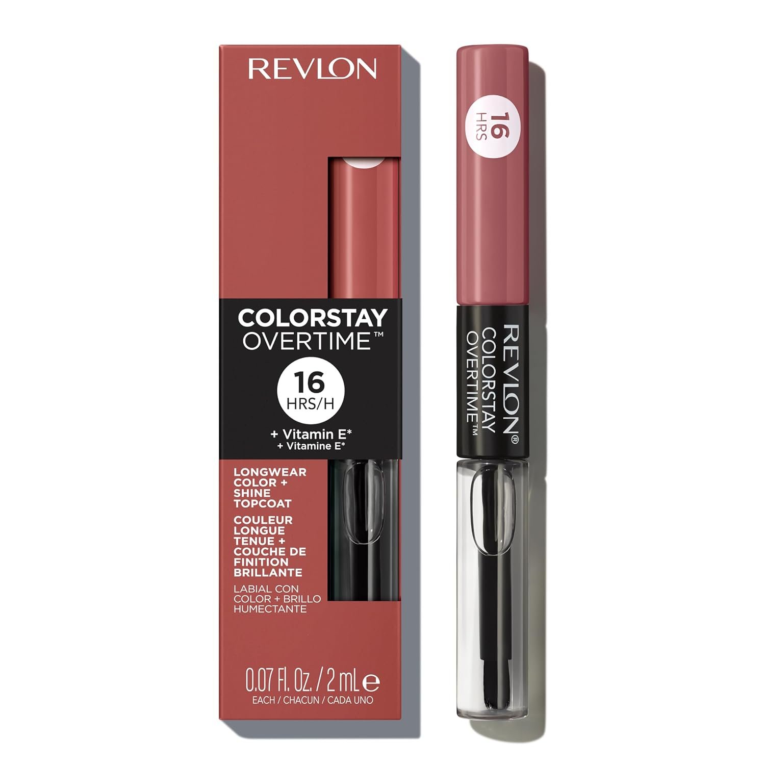 Revlon ColorStay Overtime Liquid Lipstick with Clear Lip Gloss, Long-Lasting Lip Color, Dual Ended with Moisturizing Vitamin E, 350 Bare Maximum, 0.07 fl oz