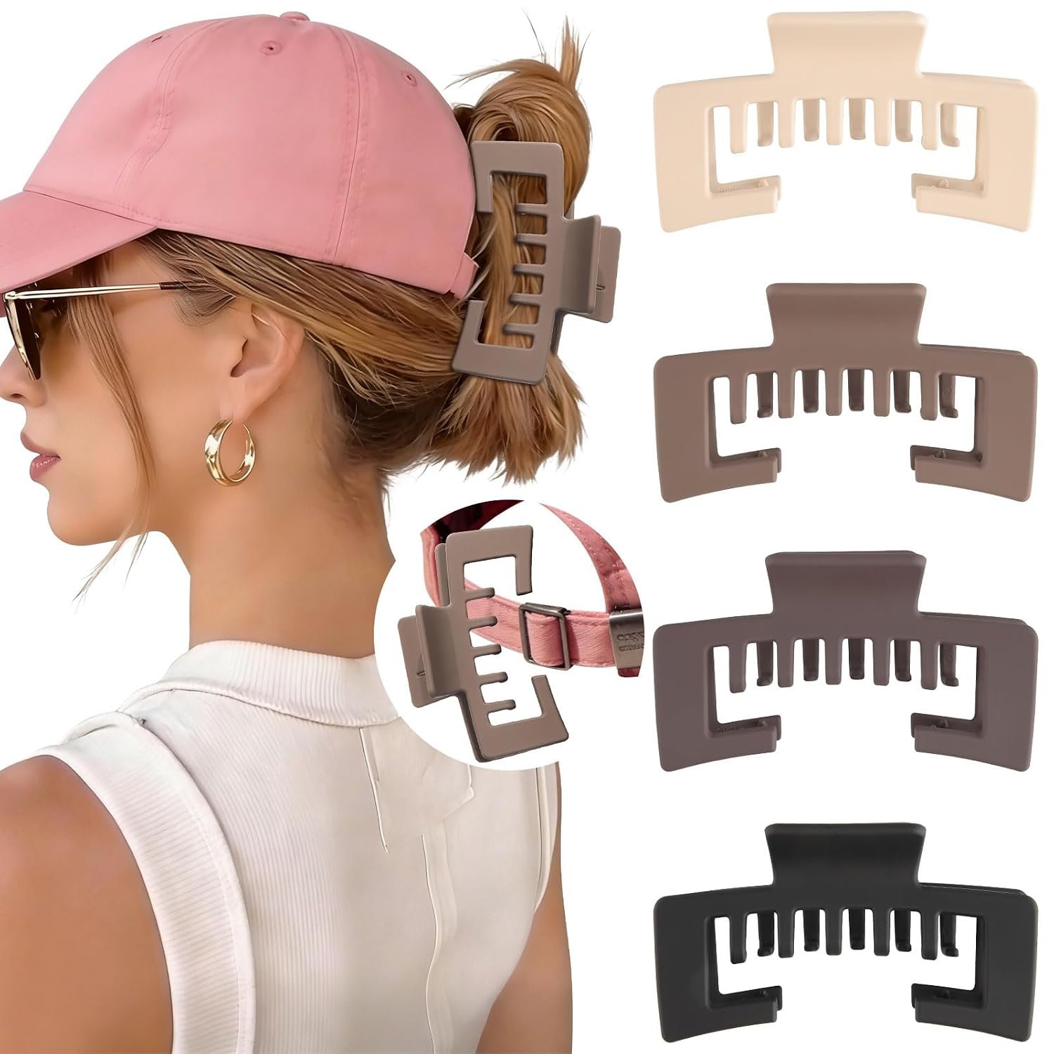 Hat-Friendly Claw Clips for Baseball Caps – 4 Pcs Trucker Hat Hair Clips for Women, Claw Clips for Thick Hair Hat Hairstyles, Gifts Hair Accessories