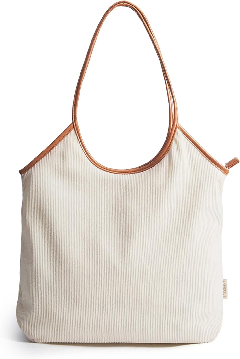 BAGSMRT Corduroy Tote Bag for Women Beach Bag with Zipper Casual Shoulder Bag Lightweight Travel Tote Hobo Handbag | PU Leather Handles