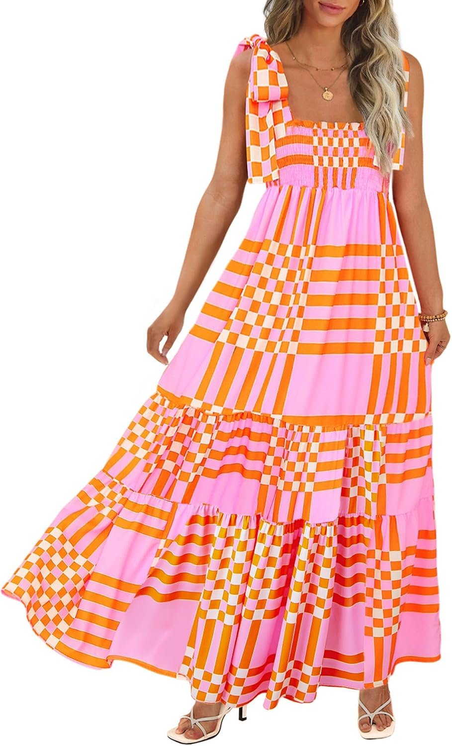 CURBODO Women’s Summer Maxi Dress Boho Spaghetti Straps Casual Long A-line Smocked Beach Dress Flowy Sun Dresses with Pockets