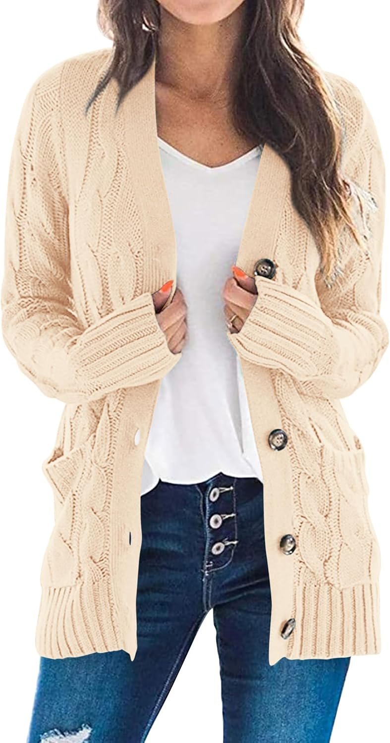 PRETTYGARDEN Women’s Cable Knit Cardigan Sweaters Fall | Open Front Button Down Coatigan, Chunky Long Sleeve Outerwear, Cozy Pockets, Casual Winter Jacket for Office, Holiday