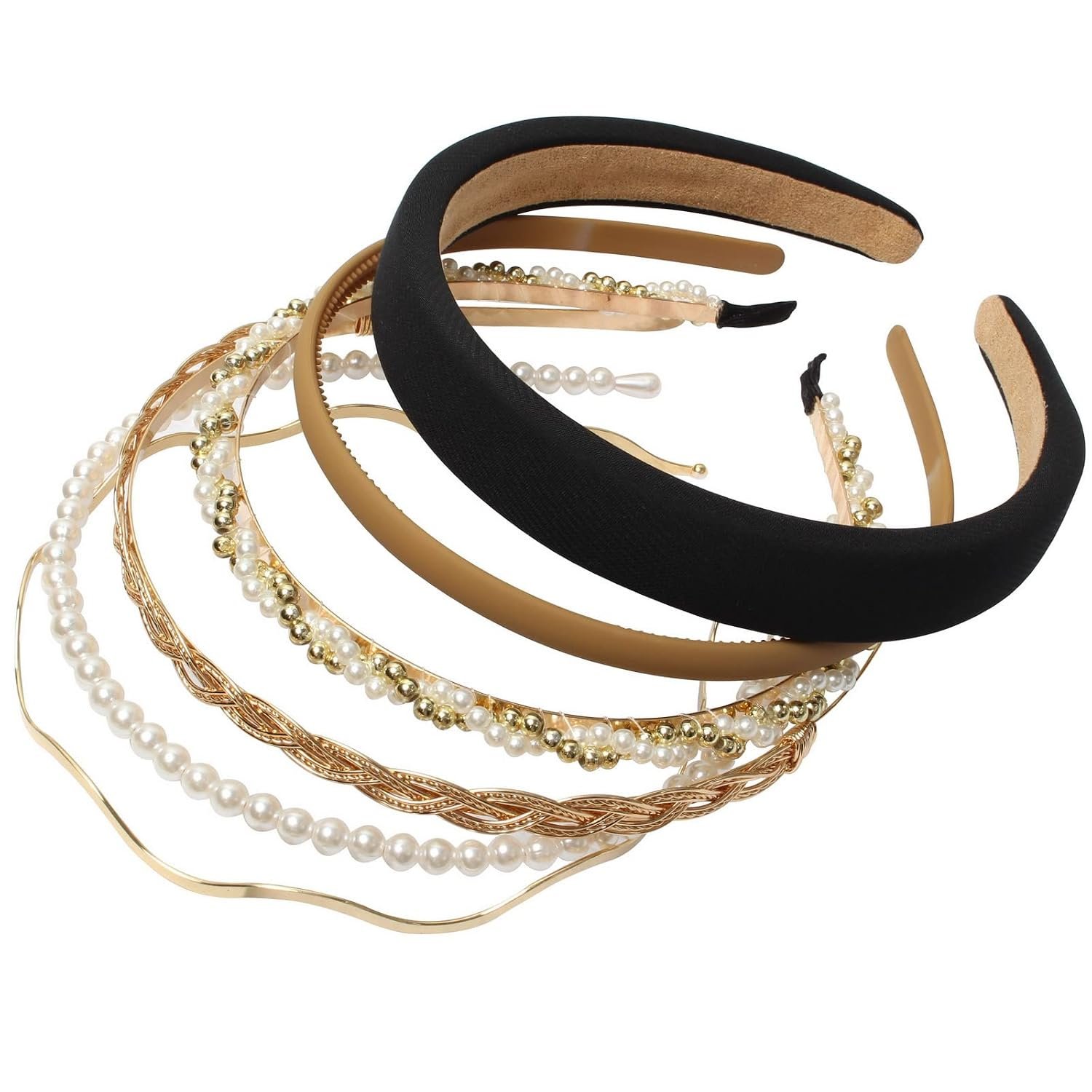 Different Designs Headbands for Women Gold Metal Hairband 6PCS | Cute Pearl Hair Bands for Girls,Twisted Head Band,Black Padded Headband Set,Non Slip,Thin Metal Headbands for Women