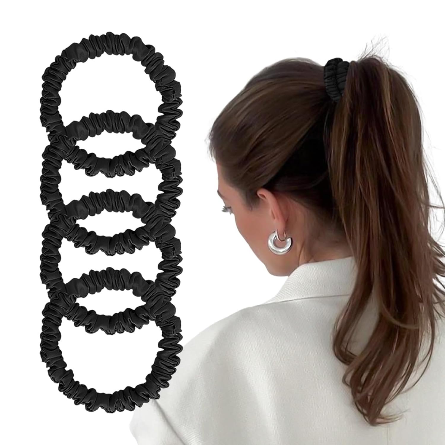 Mulberry Silk Scrunchies 4 Pack – Non Slip, Black Small Thin Silk Scrunchies for Women, Sleepy Ties for Thick Hair