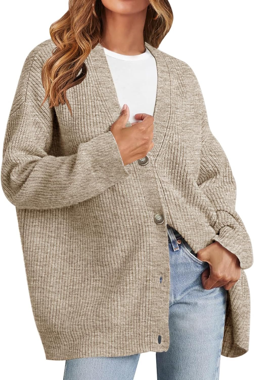 MEROKEETY Women’s Fall Trendy Oversized V Neck Cardigan Sweaters | Button Down Cardigans 2026, Open Front, Dropped Shoulder, Ribbed Knit, Casual Comfy Sweater Coat, Winter Outfits, Loose Fit