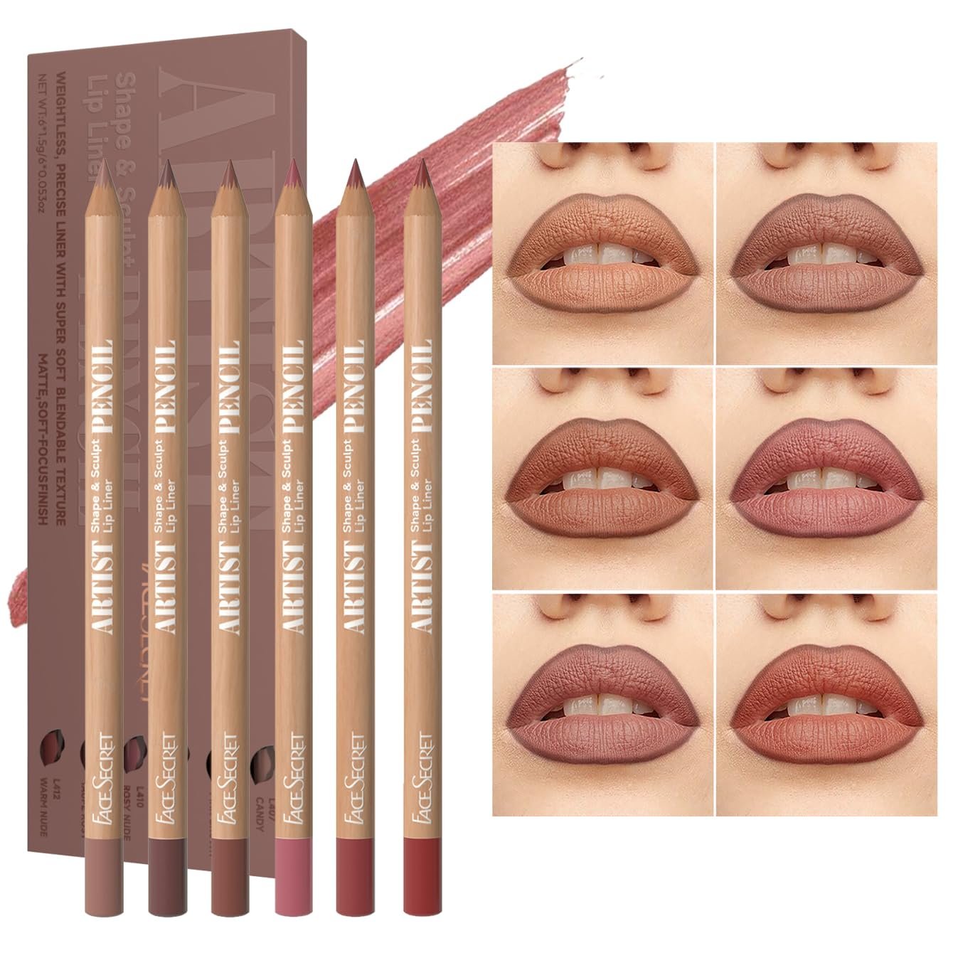 Beauty Glazed 6pcs Nude Brown Lip Liner Makeup Set – Waterproof & Smudge-Proof Matte Pencil, Long-Lasting & Durable, Smooth & Easy Glide, Non-Smudge, Contouring, Filling & Layering (NUDE-PINK Set)