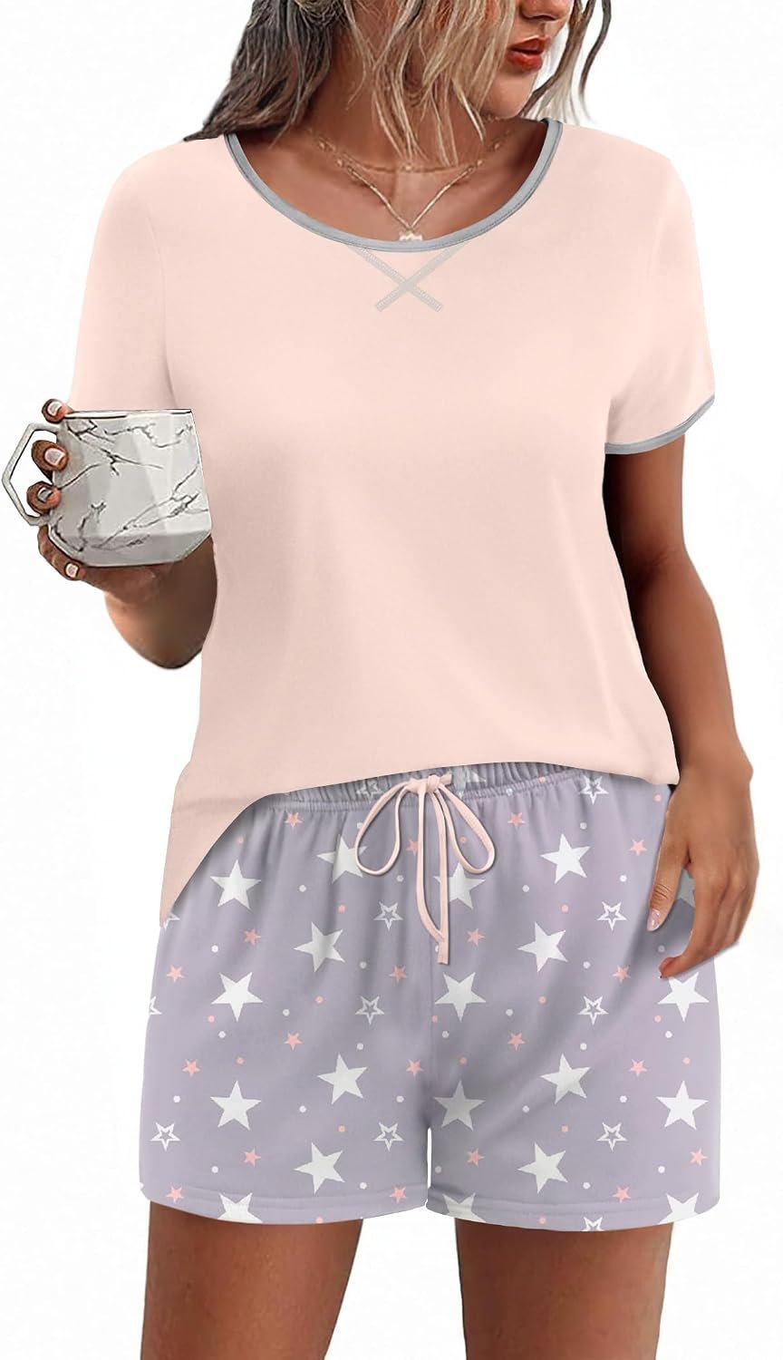 Ekouaer Women Pajama Set Casual Shorts Sets Short Leeve Lounge Set | Soft Sleepwear Top and Shorts for Daily Wear, Home, Party for Mom, Wife
