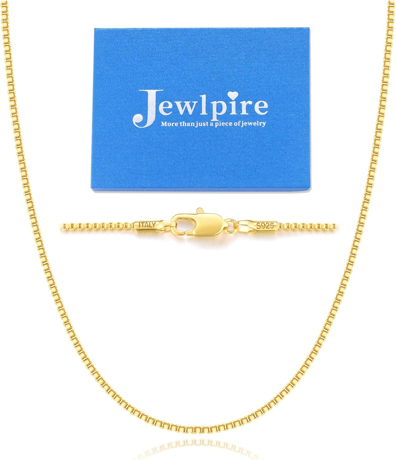 Jewlpire 1.3mm Box Chain 14K Gold Plated 925 Sterling Silver Chain Necklace for Women, Thin & Sturdy Womens Chains Necklace 14 16 18 20 22 24 26 Inches