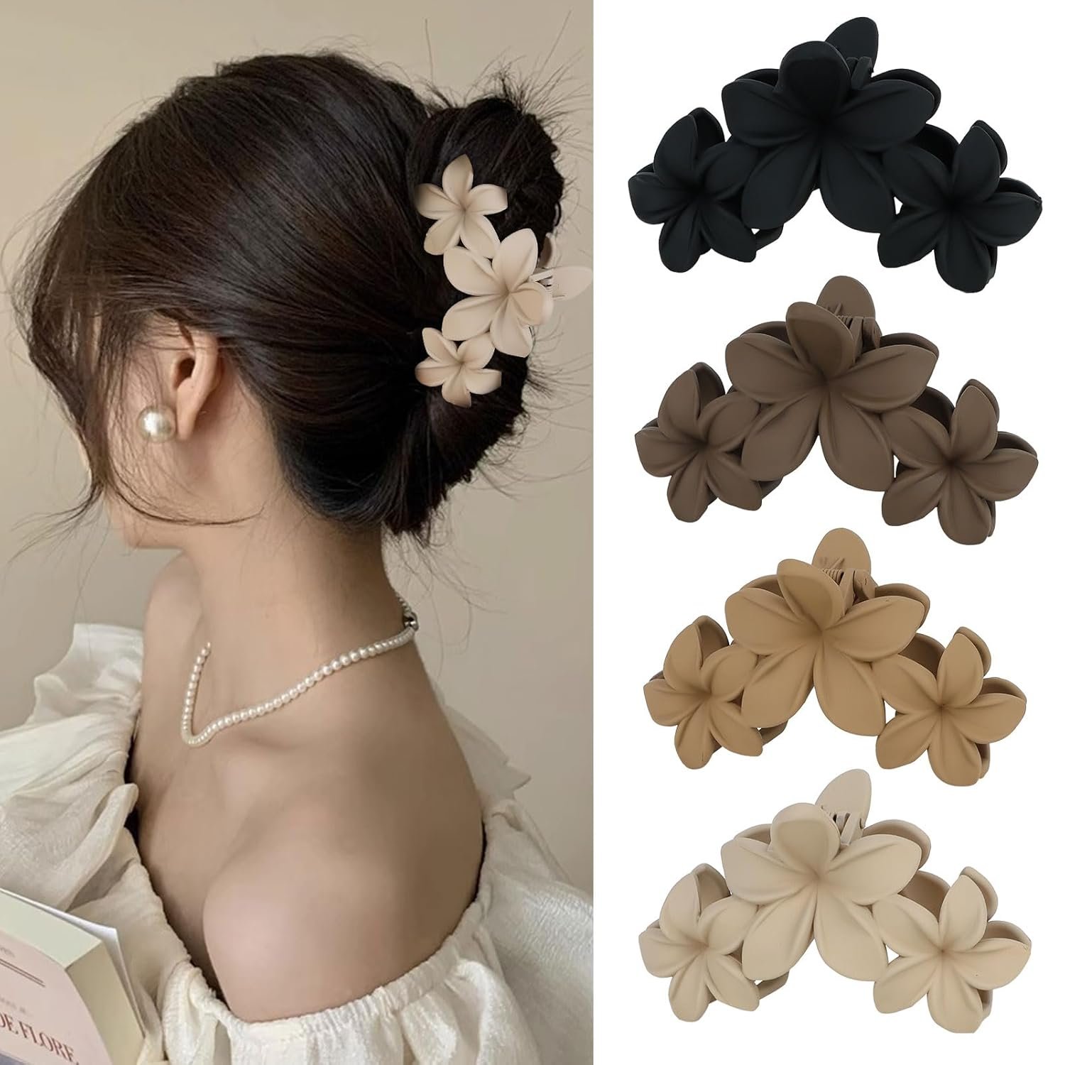 ANBALA 4PCS Hawaiian Plumeria Flower Hair Clips – Large Non-Slip Matte Claw Clips for Women, Strong Hold Beach Hair Accessories