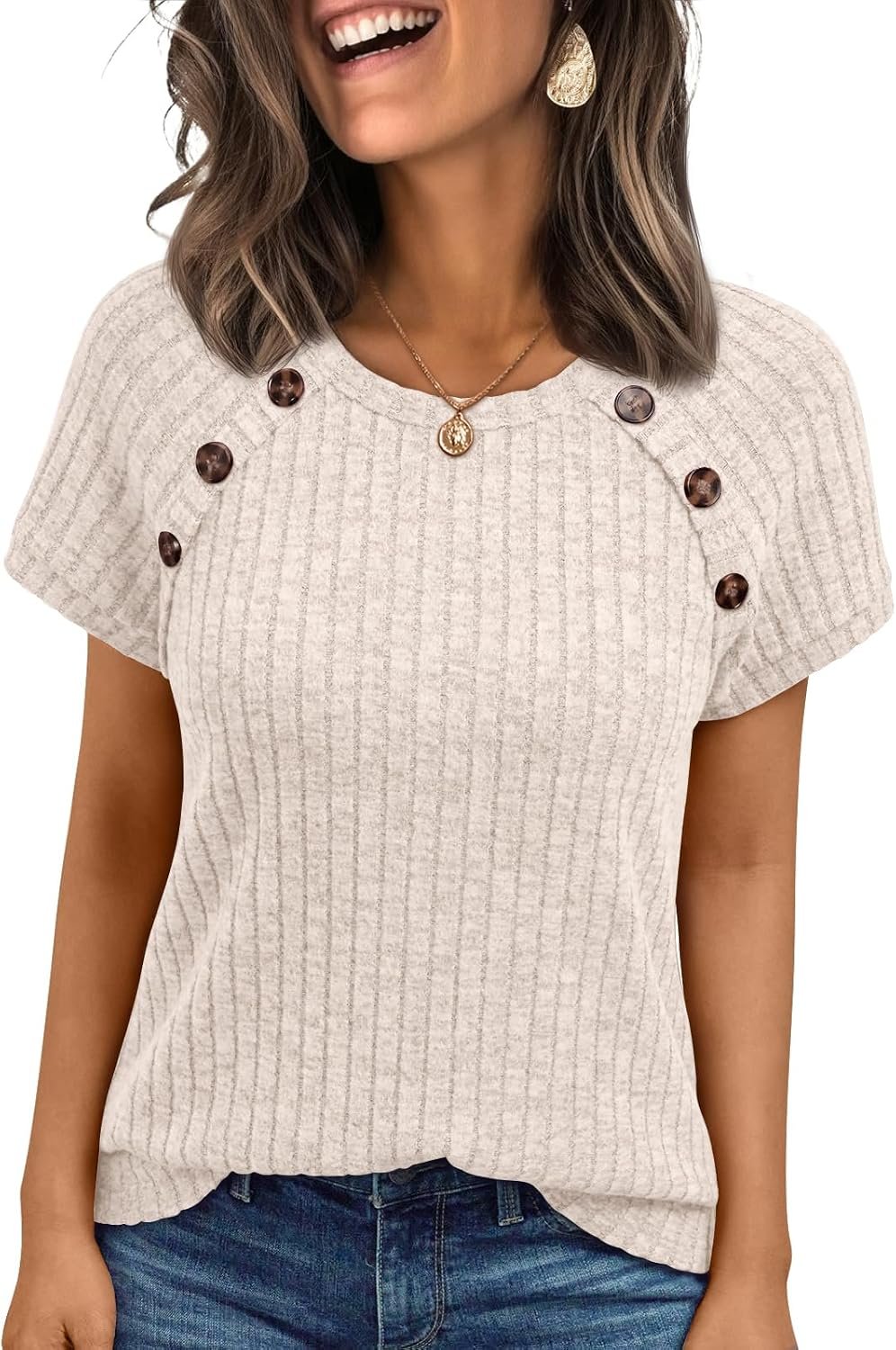 AUTOMET Women’s Short Sleeve Decorative Buttons Shirts | Business Casual Tops,Breathable Dressy Sweaters & Trendy Spring Blouses for Work, Office & Professional Wear