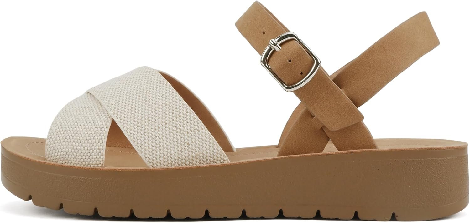 Soda CHESTER ~ Women Flat Sandals Flatform Ankle Buckle Criss Cross Band Straps Sandals Shoes (Gold Raffia, 5.5)