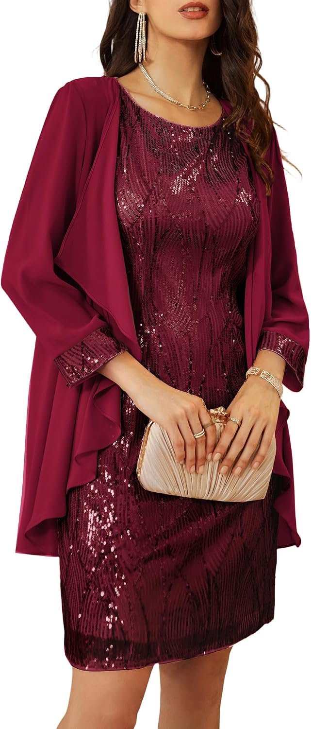 GRACE KARIN Women’s Sequin Dress Wedding Guest Dresses Mother of the Bride Dresses Formal Dress Two Piece Dress Knee Length